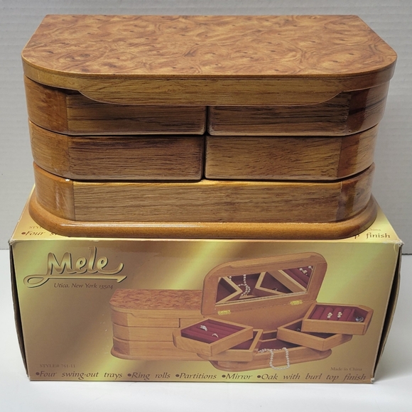 Vintage Mele Jewelry Box Swing Out Trays Mirror Faux Burl Wood